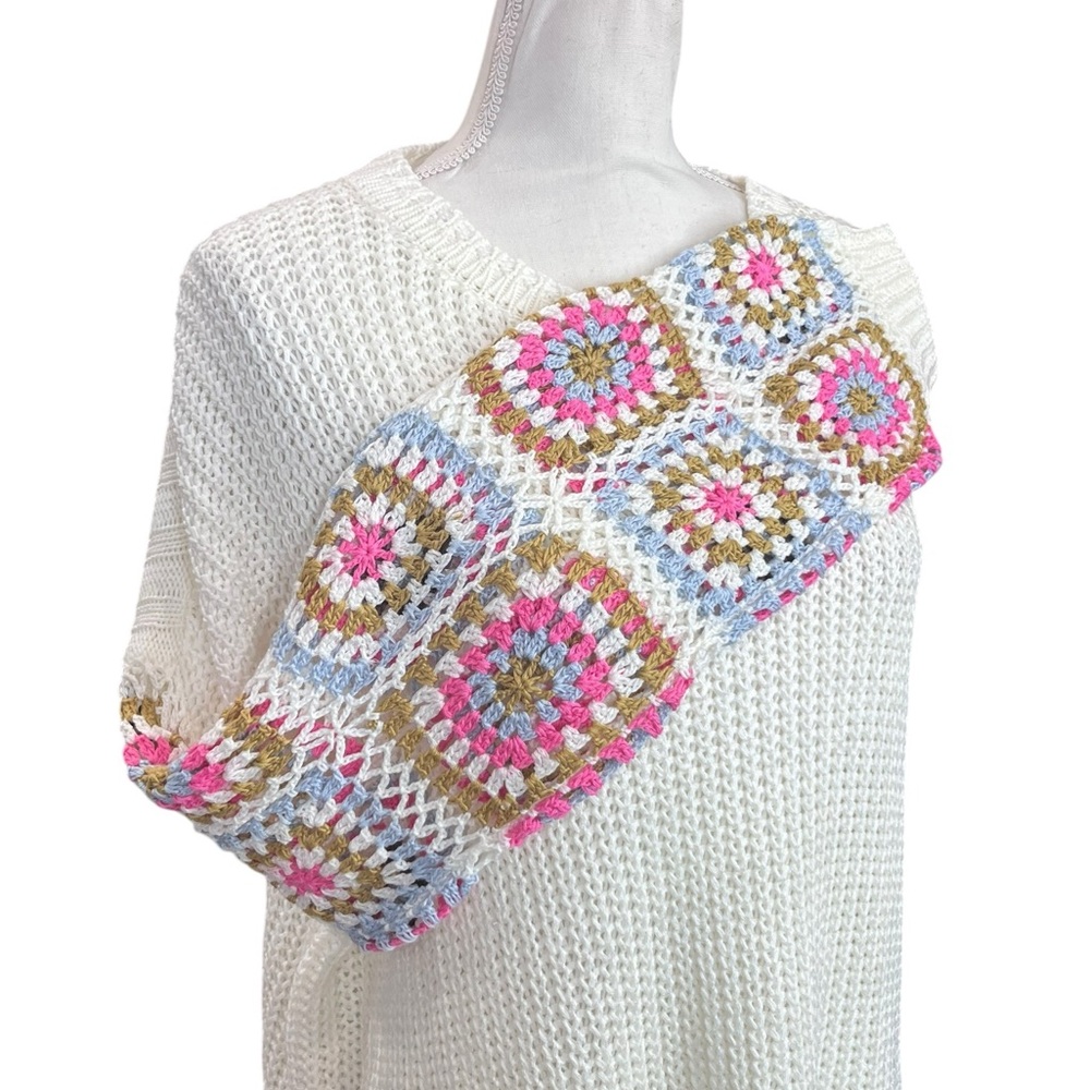 Wanna B Me Crochet Sleeve Knit Sweater Cream Large Bohemian - Picture 12 of 12